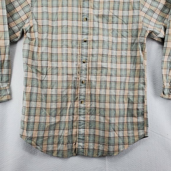 L L Bean Shirt Men's 3/4 Sleeve Button Up Reg Fit Plaid Green Blue Cream Medium - Picture 3 of 12